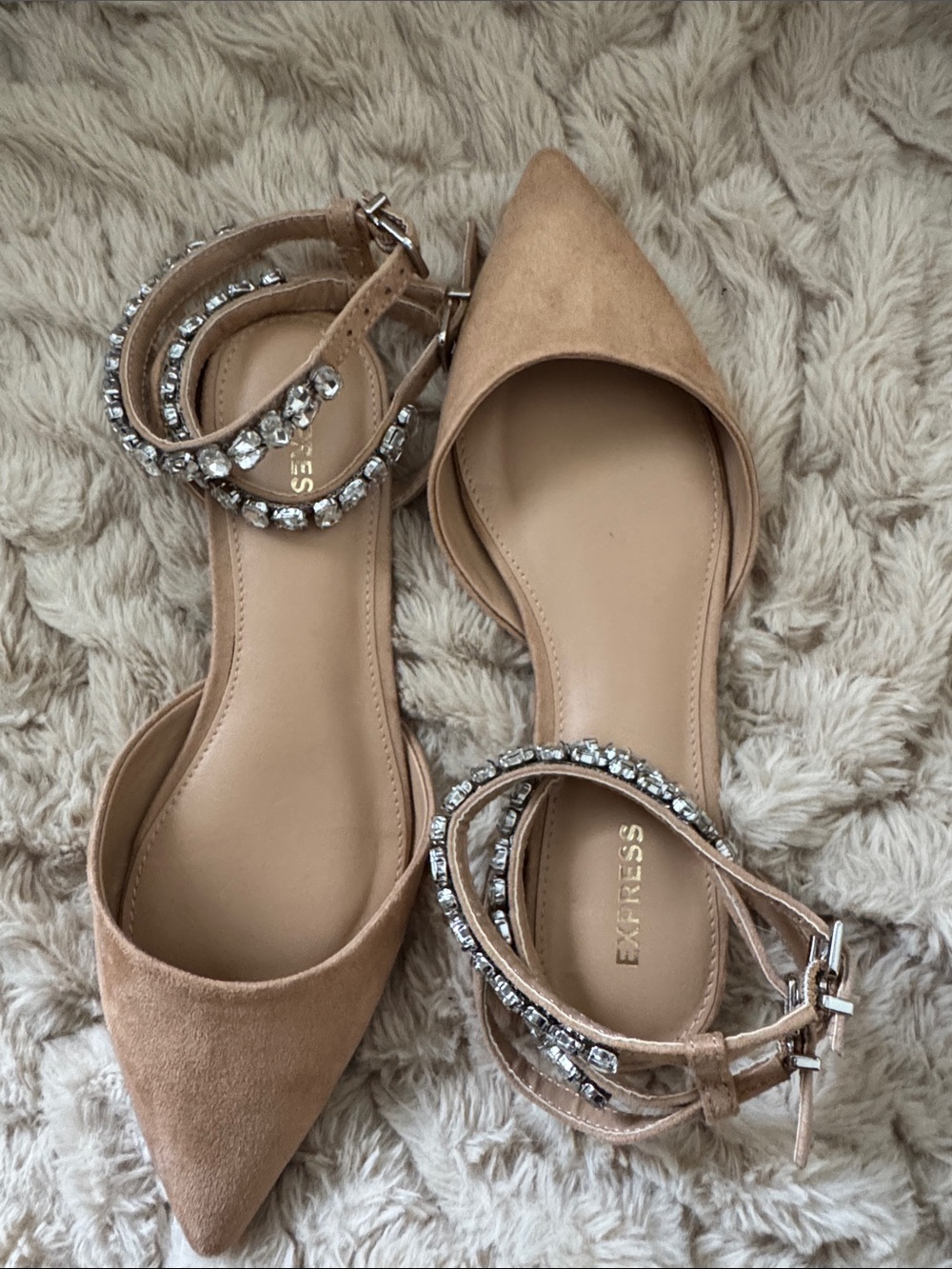 Express Tan Pointed-Toe Flats with Crystal Ankle Straps